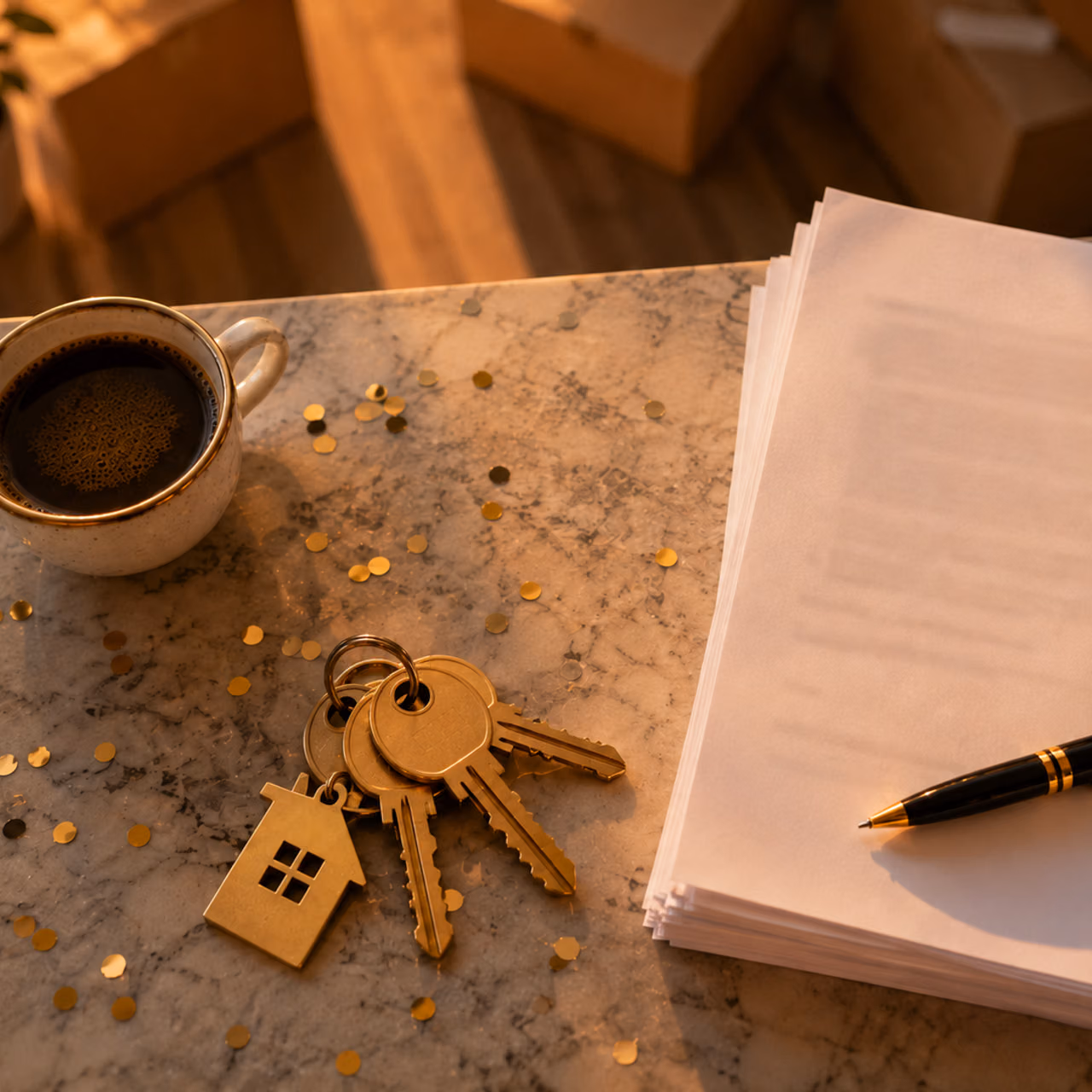house keys and signed closing documents on a kitchen counter